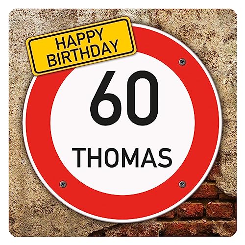 Herz & Heim® Quadratisches Happy Birthday Schild im Verkehrszeichen Look mit gewünschtem Alter und Namen von Herz & Heim