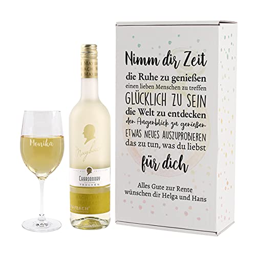 Herz & Heim® Rente Geschenk mit gravierten Leonardo Weinglas und Maybach Weißwein zur Auswahl Chardonnay von Herz & Heim