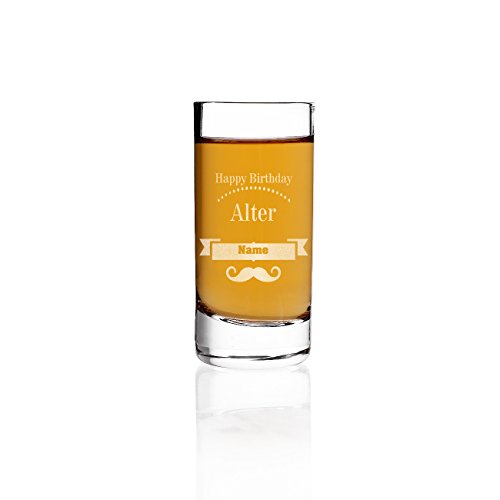 Herz & Heim® Schnapsglas speziell zum Geburtstag - Moustache Schnurrbart - mit Gratis Gravur des Alter und des Namens von Herz & Heim