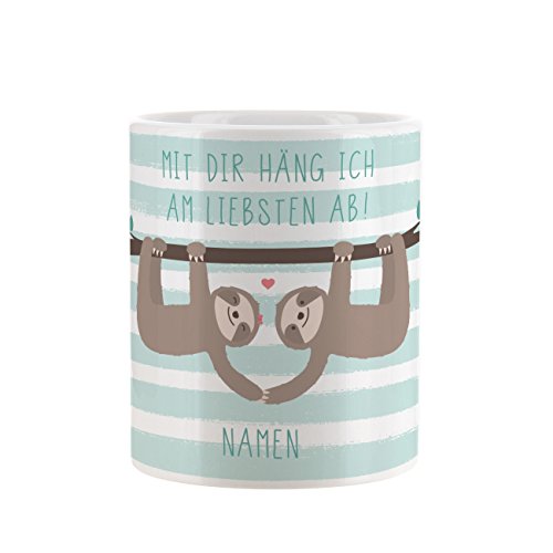 Herz & Heim® Tasse mit Faultier Paar - Mit dir häng ich am liebsten ab! - mit Aufdruck der Namen der Liebenden von Herz & Heim