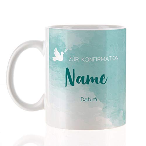 Herz & Heim® Tasse zur Konfirmation mit Aufdruck des Namens und Datum Türkis von Herz & Heim