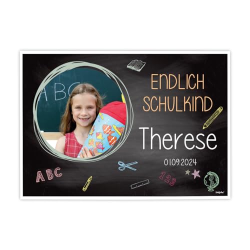 Herz & Heim® Tischset mit Foto Deko zur Schuleinführung - Endlich Schulkind - mit Namen im 5er Set von Herz & Heim