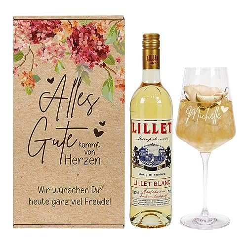 Herz & Heim® Von Herzen alles Gute - Geschenkset mit graviertem Leonardo Weinglas und einer Flasche Lillet Blanc von Herz & Heim