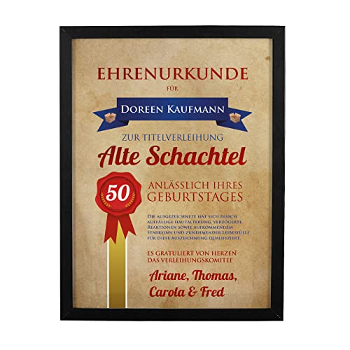 Herz & Heim® Wandbild Ehrenurkunde Alte Schachtel zum Geburtstag mit Namensdruck von Herz & Heim
