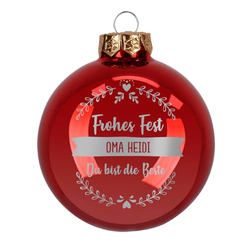 Herz & Heim® Weihnachtskugel aus Glas mit persönlicher Gravur/Rot oder Weiß/Matt oder Hochglanz/Ø 8 oder 10 cm/Verschiedene Motive Ø 10 cm, Rot Hochglanz, 3 Zeilen Wunschtext von Herz & Heim