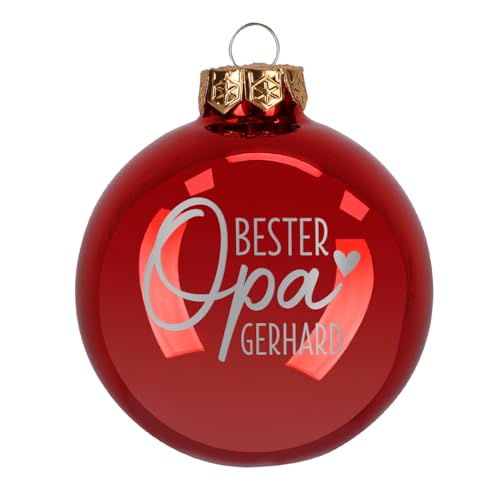 Herz & Heim® Weihnachtskugel aus Glas mit persönlicher Gravur/Rot oder Weiß/Matt oder Hochglanz/Ø 8 oder 10 cm/Verschiedene Motive Ø 10 cm, Rot Hochglanz, Bester Opa von Herz & Heim