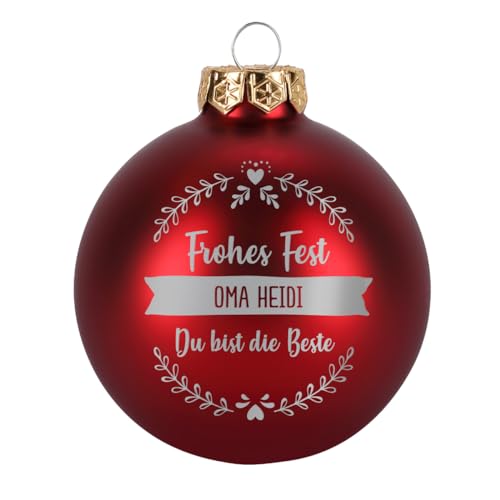 Herz & Heim® Weihnachtskugel aus Glas mit persönlicher Gravur/Rot oder Weiß/Matt oder Hochglanz/Ø 8 oder 10 cm/Verschiedene Motive Ø 8 cm, Rot Matt, 3 Zeilen Wunschtext von Herz & Heim