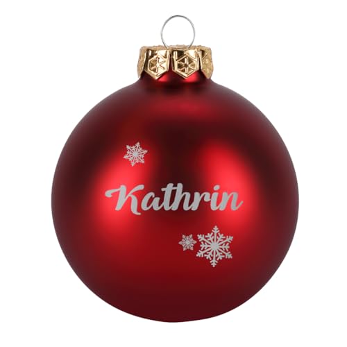 Herz & Heim® Weihnachtskugel aus Glas mit persönlicher Gravur/Rot oder Weiß/Matt oder Hochglanz/Ø 8 oder 10 cm/Verschiedene Motive Ø 8 cm, Rot Matt, Schneekristall von Herz & Heim