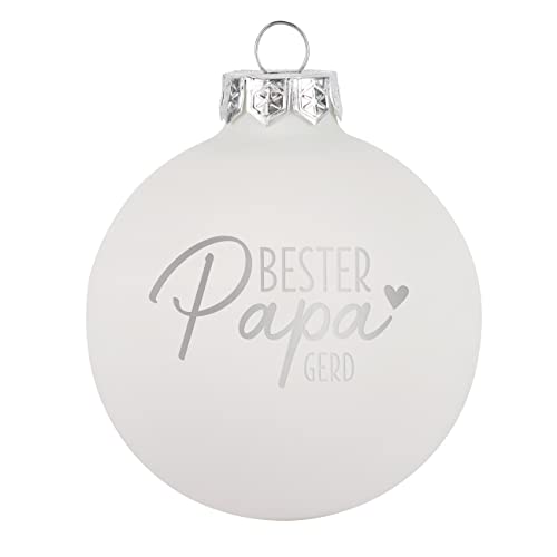 Herz & Heim® Weihnachtskugel aus Glas mit persönlicher Gravur/Rot oder Weiß/Matt oder Hochglanz/Ø 8 oder 10 cm/Verschiedene Motive Ø 10 cm, Weiß Matt, Bester Papa von Herz & Heim