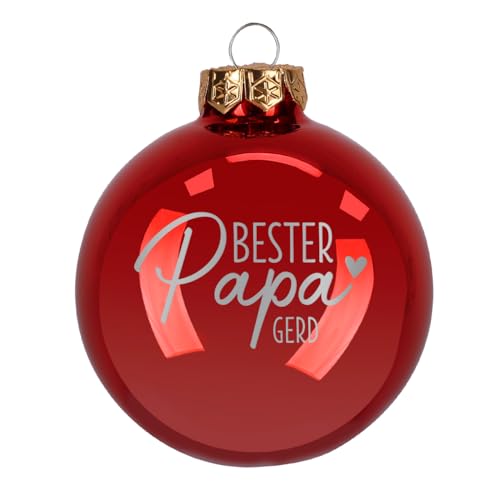 Herz & Heim® Weihnachtskugel aus Glas mit persönlicher Gravur/Rot oder Weiß/Matt oder Hochglanz/Ø 8 oder 10 cm/Verschiedene Motive Ø 8 cm, Rot Hochglanz, Bester Papa von Herz & Heim