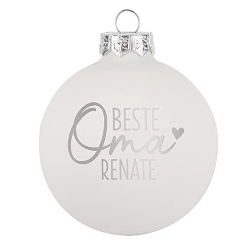 Herz & Heim® Weihnachtskugel aus Glas mit persönlicher Gravur/Rot oder Weiß/Matt oder Hochglanz/Ø 8 oder 10 cm/Verschiedene Motive Ø 8 cm, Weiß Matt, Beste Oma von Herz & Heim