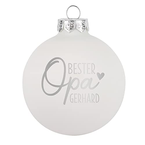 Herz & Heim® Weihnachtskugel aus Glas mit persönlicher Gravur/Rot oder Weiß/Matt oder Hochglanz/Ø 8 oder 10 cm/Verschiedene Motive Ø 8 cm, Weiß Matt, Bester Opa von Herz & Heim