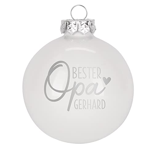 Herz & Heim® Weihnachtskugel aus Glas mit persönlicher Gravur/Rot oder Weiß/Matt oder Hochglanz/Ø 8 oder 10 cm/Verschiedene Motive Ø 10 cm, Weiß Hochglanz, Bester Opa von Herz & Heim