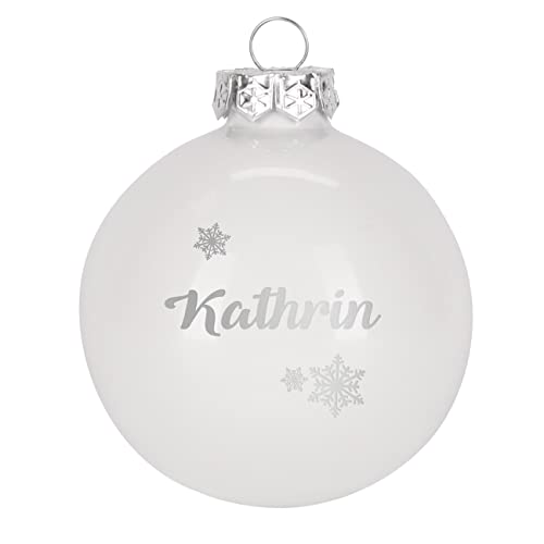 Herz & Heim® Weihnachtskugel aus Glas mit persönlicher Gravur/Rot oder Weiß/Matt oder Hochglanz/Ø 8 oder 10 cm/Verschiedene Motive Ø 10 cm, Weiß Hochglanz, Schneekristall von Herz & Heim