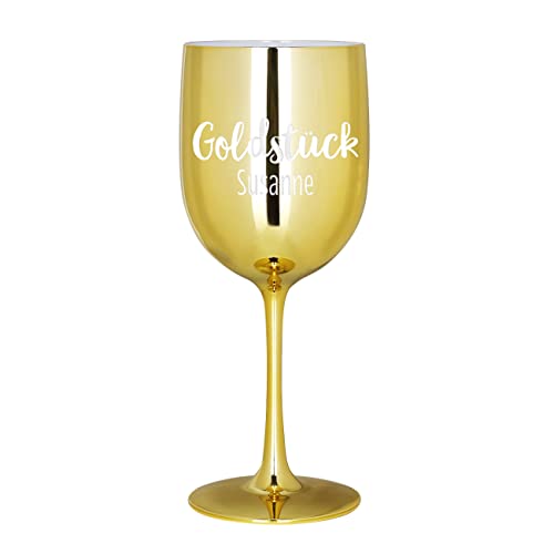 Herz & Heim® Weinkelch hochglänzend mit Gravur aus Kunststoff 460 ml Gold, Goldstück von Herz & Heim