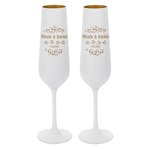 Herz & Heim® Weiße Sektgläser mit Gravur zur Hochzeit Set/Hochzeitsgeschenk personalisiert mit Namen Herzen von Herz & Heim