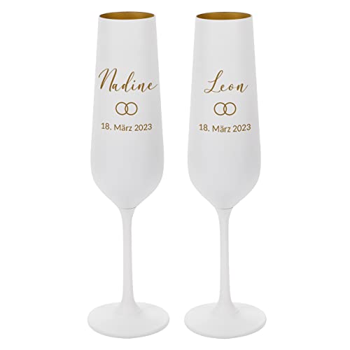 Herz & Heim® Weiße Sektgläser mit Gravur zur Hochzeit Set/Hochzeitsgeschenk personalisiert mit Namen Ringe von Herz & Heim