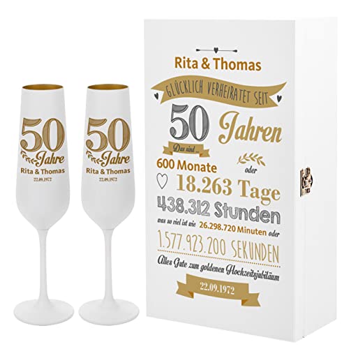 Herz & Heim® Weiße Sektgläser mit Gravur zur Hochzeit inklusive Geschenkverpackung/Hochzeitsgeschenk-Idee Goldene Hochzeit von Herz & Heim