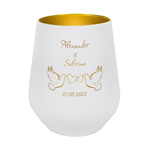 Herz & Heim® Weißer Teelichthalter zur Hochzeit mit Gravur - Tauben - mit Namen der Liebenden und Datum für die Hochzeitstafel von Herz & Heim