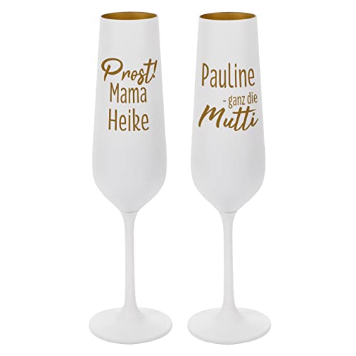 Herz & Heim® Weißes Sektglas mit Gravur/Personalisiert/Muttertagsgeschenk 2er Set - Prost Mama - Ganz die Mutti von Herz & Heim