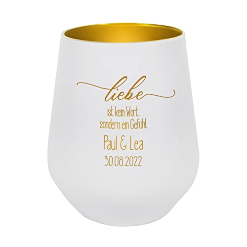 Herz & Heim® Windlicht zur Hochzeit Liebe ist kein Wort, sondern EIN Gefühl mit Wunschnamen und Datum, weiß von Herz & Heim