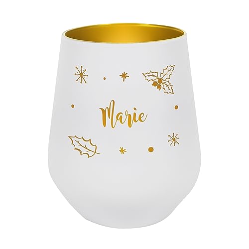 Herz & Heim® gravierter Windlichthalter in Weiß und Gold mit Weihnachtsmotiven und Wunschname personalisiert Stechpalmenzweig von Herz & Heim