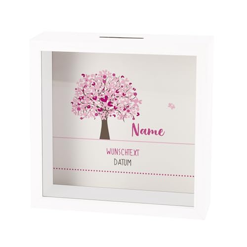 Striefchen® Personalisiertes Sparrahmen-Geschenk zur Taufe, Kommunion oder Konfirmation – Spardose mit Name, Wunschtext & Datum im Bilderrahmen-Stil (Lebensbaum pink) von Herz & Heim