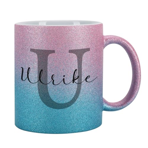 Tasse mit Glitzer personalisiert Keramik 300 ml (Pink-Blau, Buchstabe) von Herz & Heim