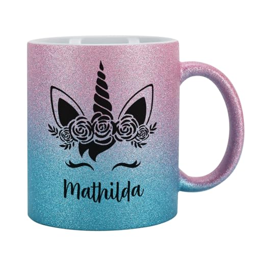 Tasse mit Glitzer personalisiert Keramik 300 ml (Pink-Blau, Einhorn) von Herz & Heim