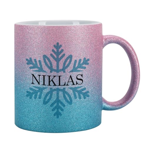 Tasse mit Glitzer personalisiert Keramik 300 ml (Pink-Blau, Weihnachten) von Herz & Heim