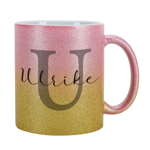 Tasse mit Glitzer personalisiert Keramik 300 ml (Pink-Gold, Buchstabe) von Herz & Heim