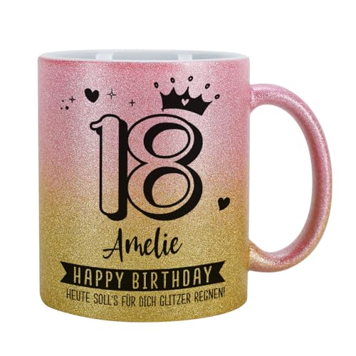 Tasse mit Glitzer personalisiert Keramik 300 ml (Pink-Gold, Geburtstag) von Herz & Heim