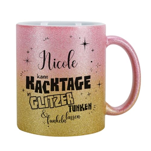 Tasse mit Glitzer personalisiert Keramik 300 ml (Pink-Gold, Kacktage) von Herz & Heim