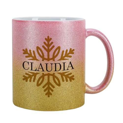 Tasse mit Glitzer personalisiert Keramik 300 ml (Pink-Gold, Weihnachten) von Herz & Heim