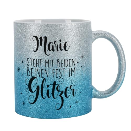 Tasse mit Glitzer personalisiert Keramik 300 ml (Silber-Blau, Beine im Glitzer) von Herz & Heim