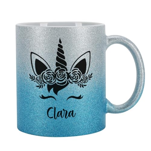 Tasse mit Glitzer personalisiert Keramik 300 ml (Silber-Blau, Einhorn) von Herz & Heim