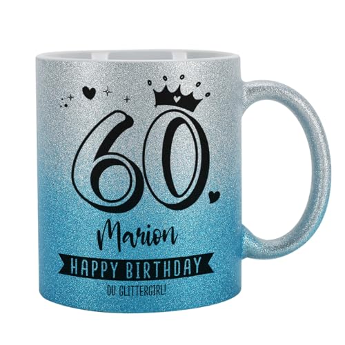 Tasse mit Glitzer personalisiert Keramik 300 ml (Silber-Blau, Geburtstag) von Herz & Heim