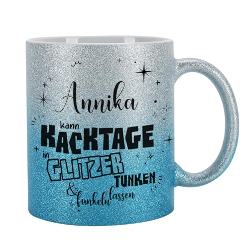 Tasse mit Glitzer personalisiert Keramik 300 ml (Silber-Blau, Kacktage) von Herz & Heim