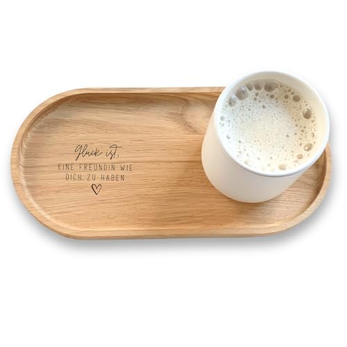 HerzHolzPapier®・Graviertes Holztablett 'GLÜCK Freundin' aus Eichenholz・Lebensmittelecht・Gewachst・rutschfeste Füße・20 x 10 x 1,5 cm | Serviertablett・Dekotablett・Geschenk für Freundin | KANU-20 von HerzHolzPapier