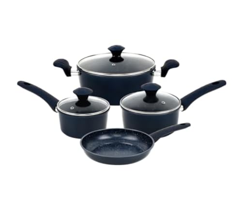 Herzberg, HG04685-BLU, komplettes Kochgeschirrset mit Antihaftbeschichtung, Wärmespeicherung, ergonomische Griffe, leicht zu reinigen, 7 Teile, Blau von Herzberg