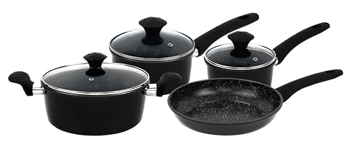 Herzberg,HG04654-BLK, Komplettes Kochgeschirrset mit Antihaftbeschichtung, Wärmespeicherung, ergonomische Griffe, leicht zu reinigen, 7-teilig, Schwarz von Herzberg