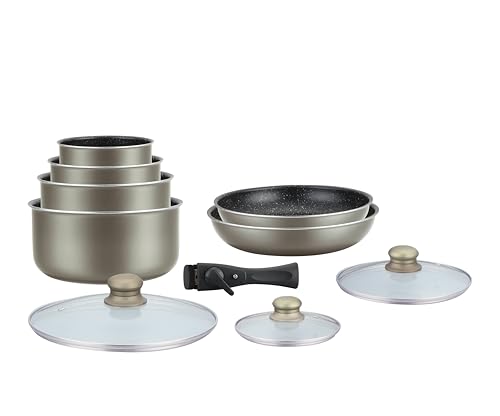Herzberg Cookware Set - Induction Pot Set - All Heat Pot and Pan Set - Stone Coating Cookware Set with Removable Handle 10 Pieces HG-5000 Carbon von Herzberg