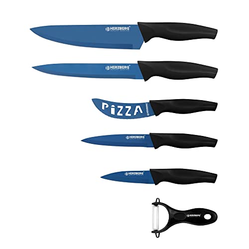 Herzberg Cuisine Professional Kitchen-Edelstahl-Schneidmesser-Ergonomisch, weicher und komfortabler Griff-Set von 5 Messern + Econom-Blau HGKL6-BLU, Ceramic von Herzberg