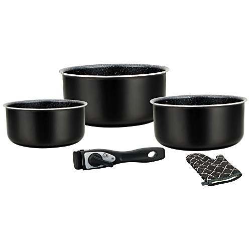 Montreal Cookware Set – Induction Saucepan and Frying Pan Set for All Heat Sources – 5 Piece Kitchen Set with Marble Coated Saucepans and Removable Handle – Black HG 8051 BLK Montreal Cookware Set – Induction Saucepan and Frying Pan Set for All Heat Sources – 5 Piece Kitchen Set with Marble Coated Saucepans and Removable Handle – Black HG 8051 BLK von Herzberg
