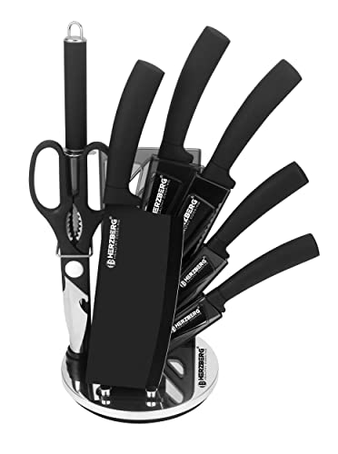 Herzberg Set Cuisine Professional Kitchen-Edelstahl-Trantmesser-Acrylunterstützung-Ergonomischer Griff-Messer mit 8-Zimmer-Stütze-Schwarz HGMSN8-BLK, Ceramic von Herzberg