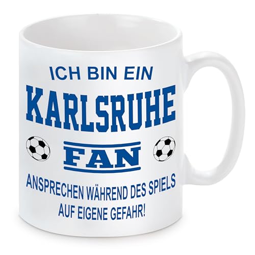 Fussball Tasse | Ich bin ein Karlsruhe Fan - Ansprechen während des Spiels auf eigene Gefahr | Keramiktasse für Fußballfans | Spülmaschinenfest | hochwertiger Druck von Herzbotschaft