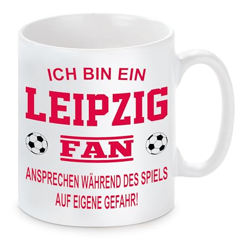 Fussball Tasse | Ich bin ein Leipzig Fan - Ansprechen während des Spiels auf eigene Gefahr | Keramiktasse für Fußballfans | Spülmaschinenfest | mit Wunschtext auf der Rückseite von Herzbotschaft