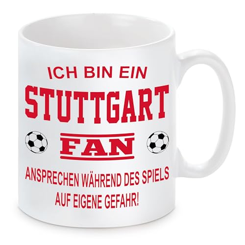 Fussball Tasse | Ich bin ein Stuttgart Fan - Ansprechen während des Spiels auf eigene Gefahr | Keramiktasse für Fußballfans | Spülmaschinenfest | hochwertiger Druck von Herzbotschaft