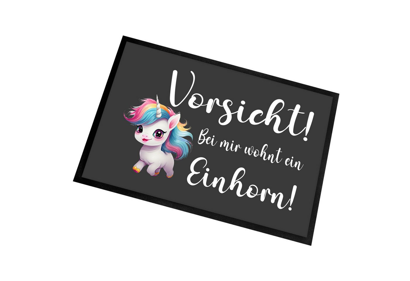 Fußmatte Schmutzfangmatte mit Spruch Vorsicht! Bei mir wohnt ein Einhorn!, Herzbotschaft, rechteckig, 40 x 60 cm, 2 mm hoch, bei 40 °C waschbar von Herzbotschaft