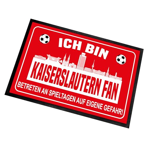 Fußmatte für Fußballfans mit Skyline | 60x40cm | Ich bin Kaiserslautern Fan - Betreten an Spieltagen auf eigene Gefahr! | Zeige deine Stadtliebe und Fußballbegeisterung! | für innen und außen von Herzbotschaft